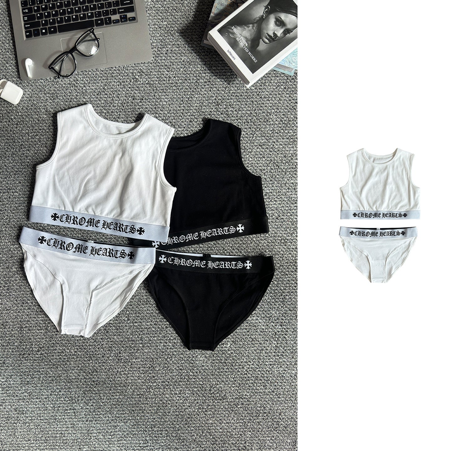 Chrome Hearts Yoga Sportswear Cross-Patterned Sanskrit Ribbon Slim Waist Vest and Shorts Set