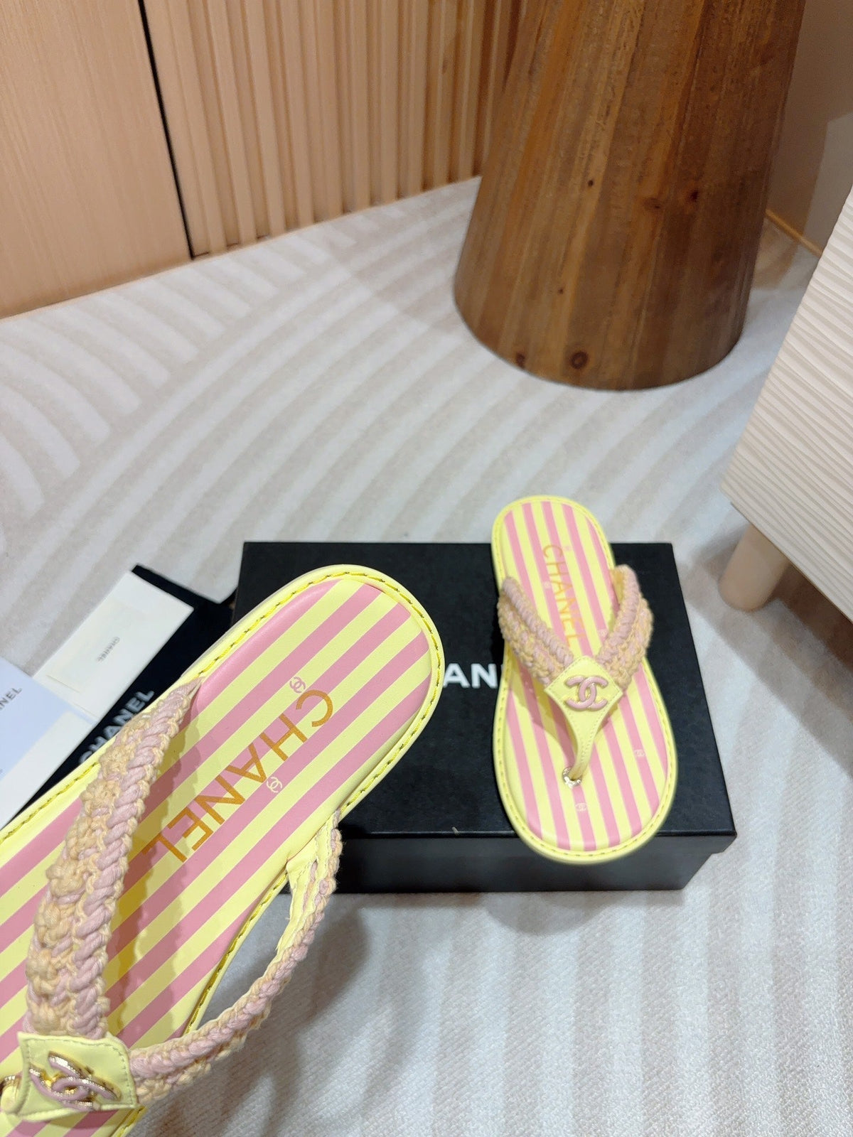 CHANEL WOVEN FLIP FLOP YELLOW MIX PINK SHEEPSKIN