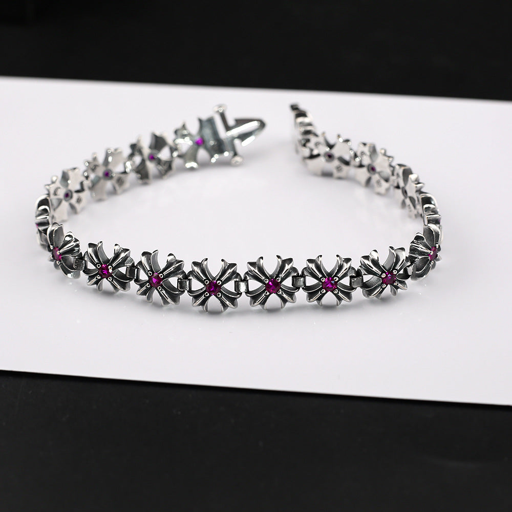 Chrome Hearts Red Diamond Cross Flower Pink Sapphire Plus Bracelet