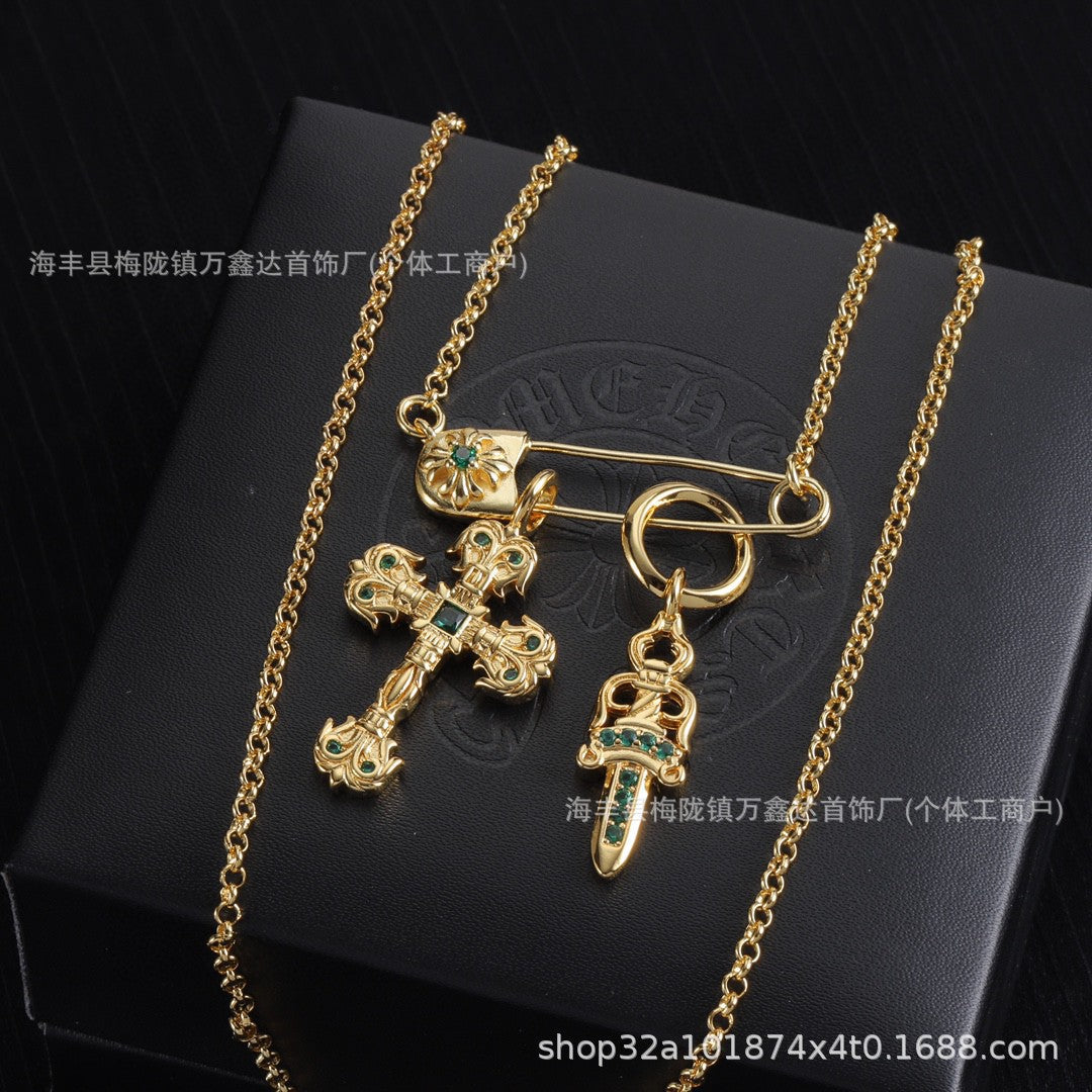 Chrome Hearts gold diamond cross flame sword necklace