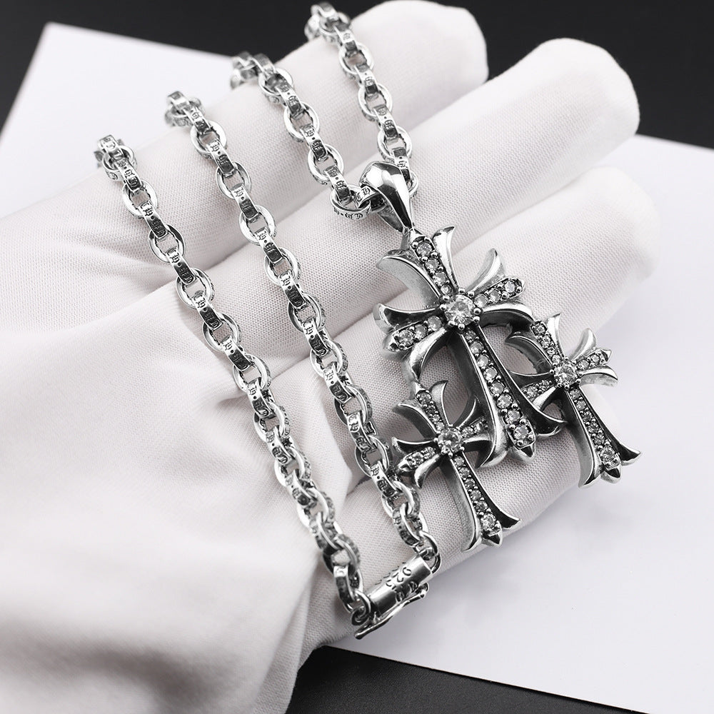 Chrome Hearts vintage diamond-studded three-cross bold letter chain