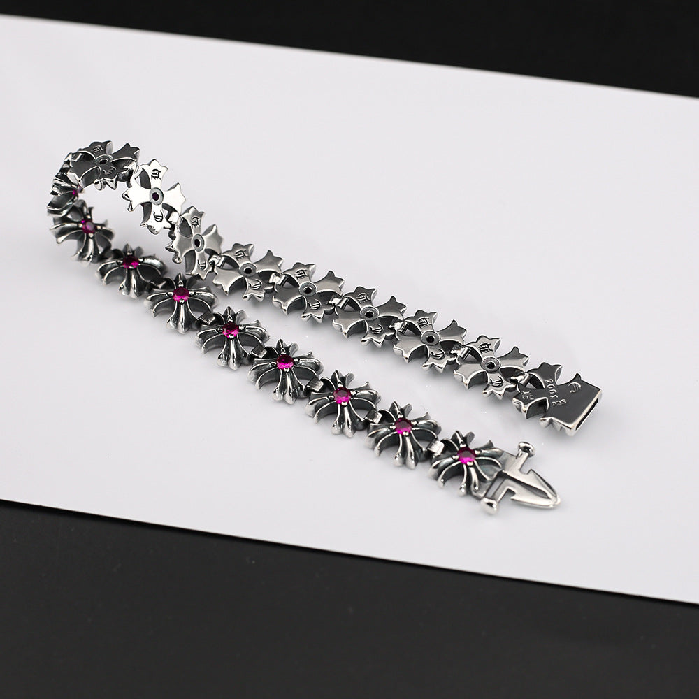 Chrome Hearts Red Diamond Cross Flower Pink Sapphire Plus Bracelet