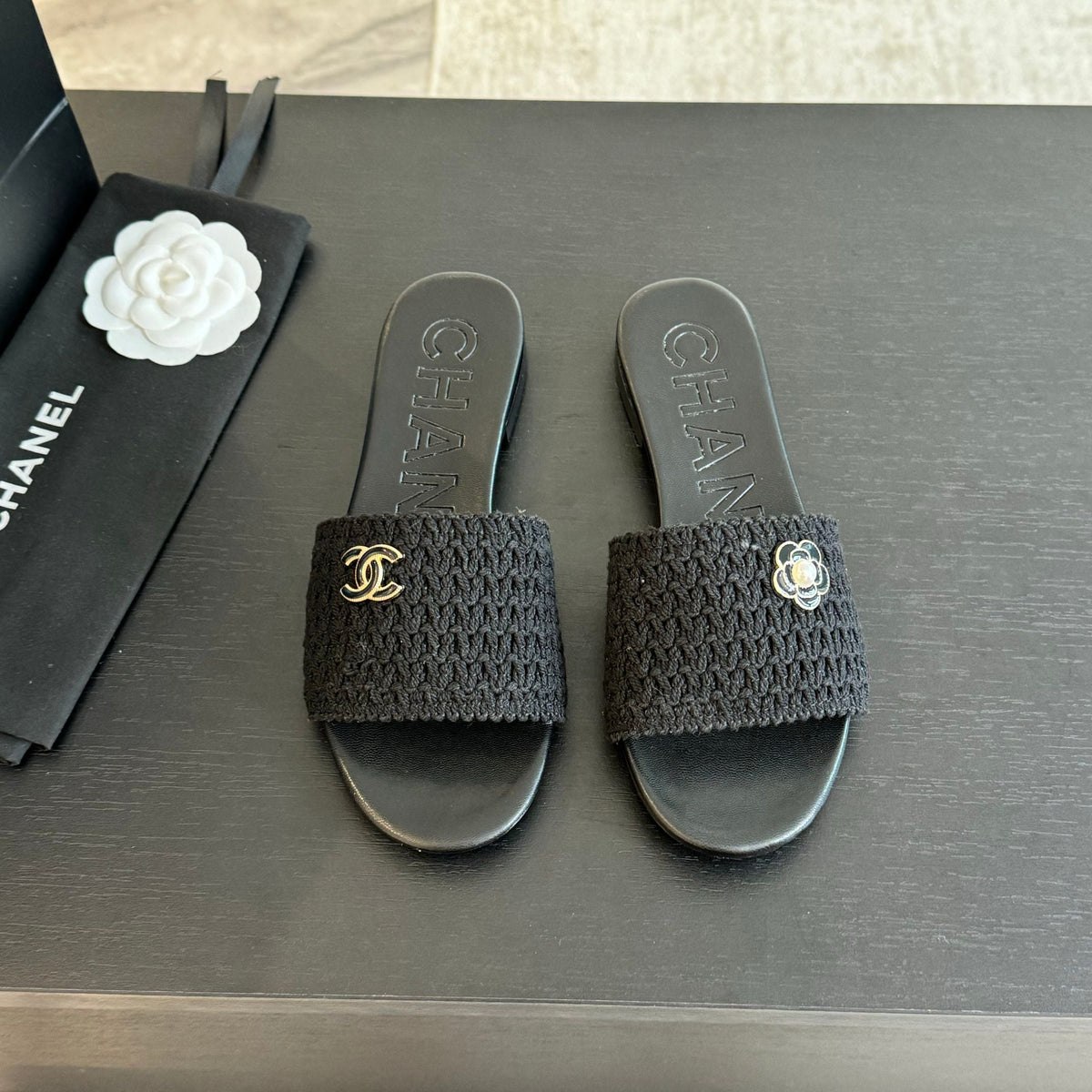 CHANEL BLACK WOVEN FLAT SLIPPERS