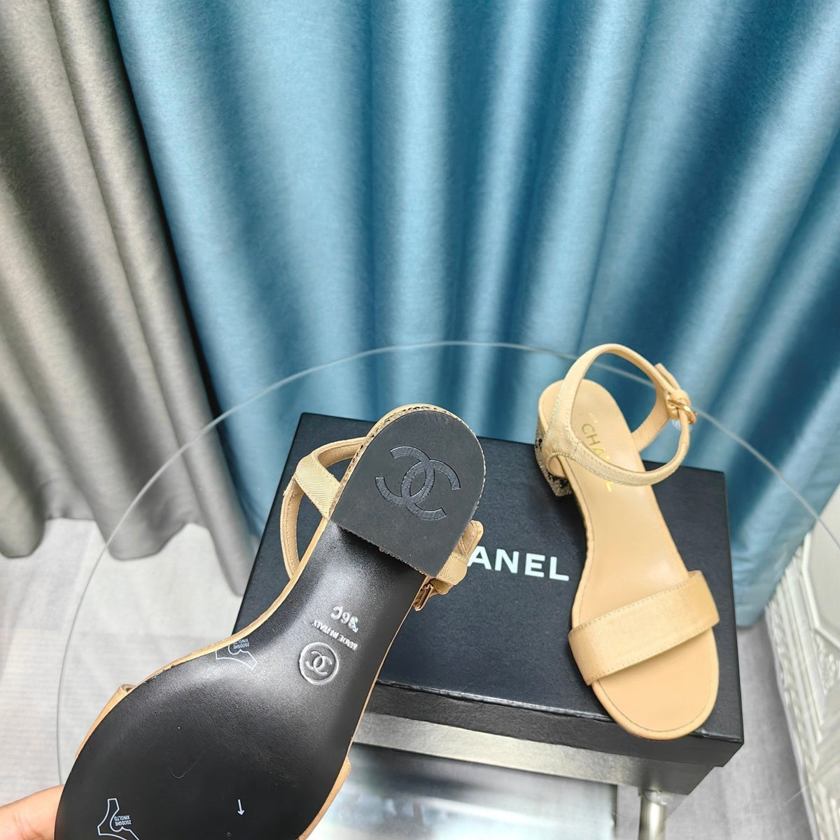 CHANEL Chunky Heel Rhinestone Sandals Beige Cream Lambskin